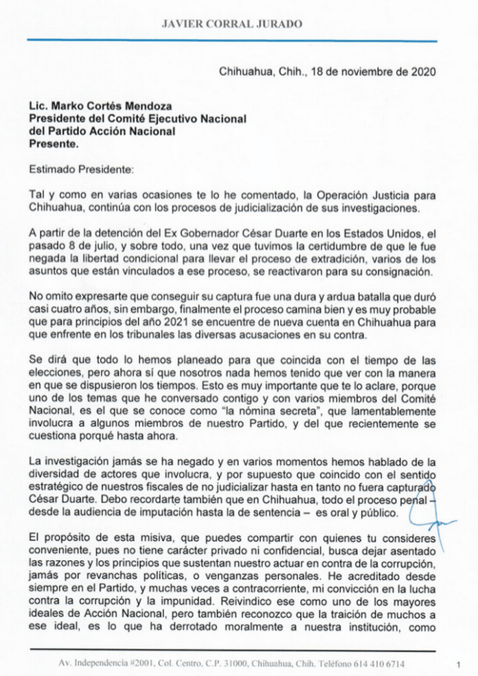Corral envio carta a Marko Cortés sobre sobre Maru y Expedientes X 1 carta CAFE CIUDADANO